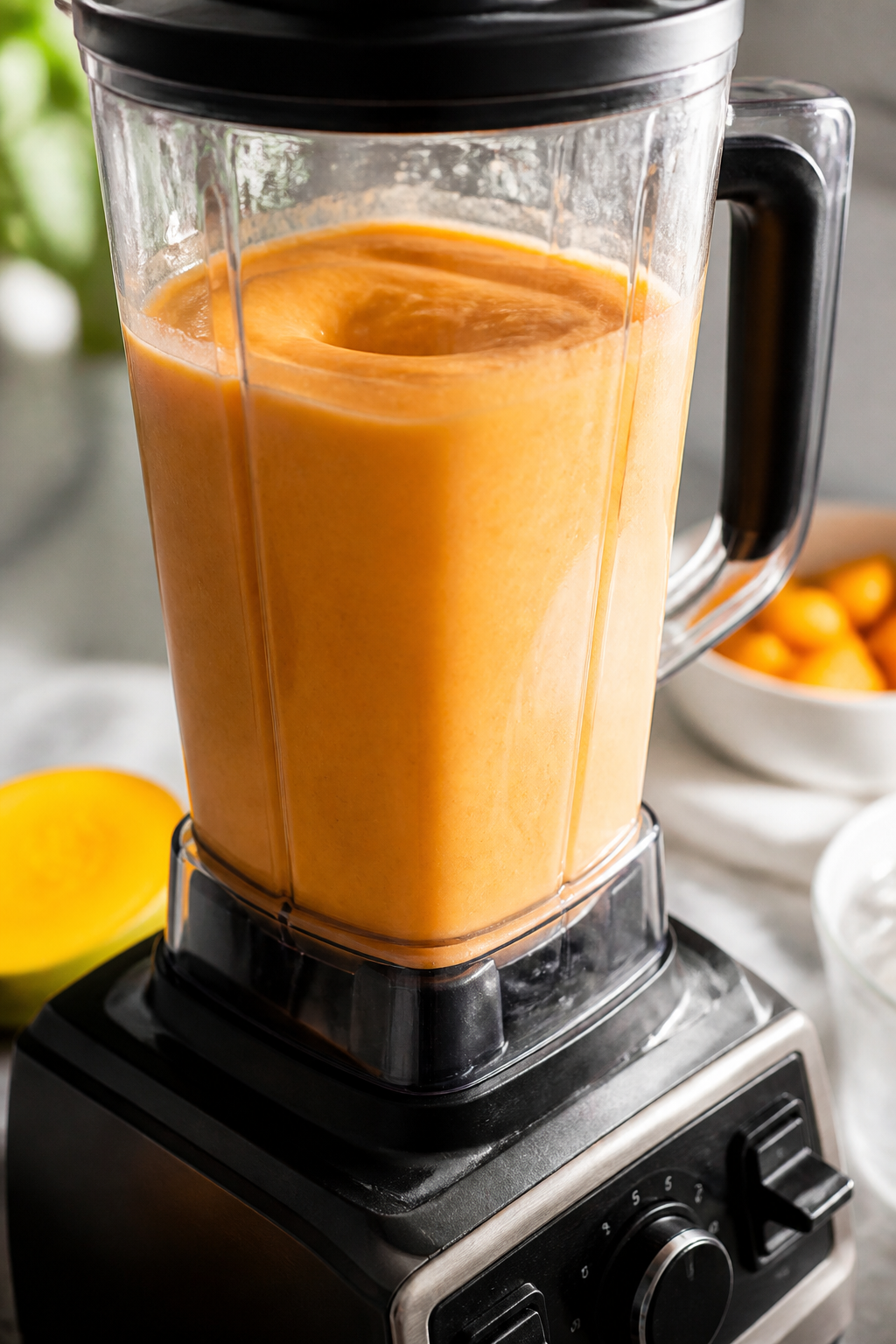Cooking process: The smoothie mid-blend in a high-speed blender, liquids added first and layered ing