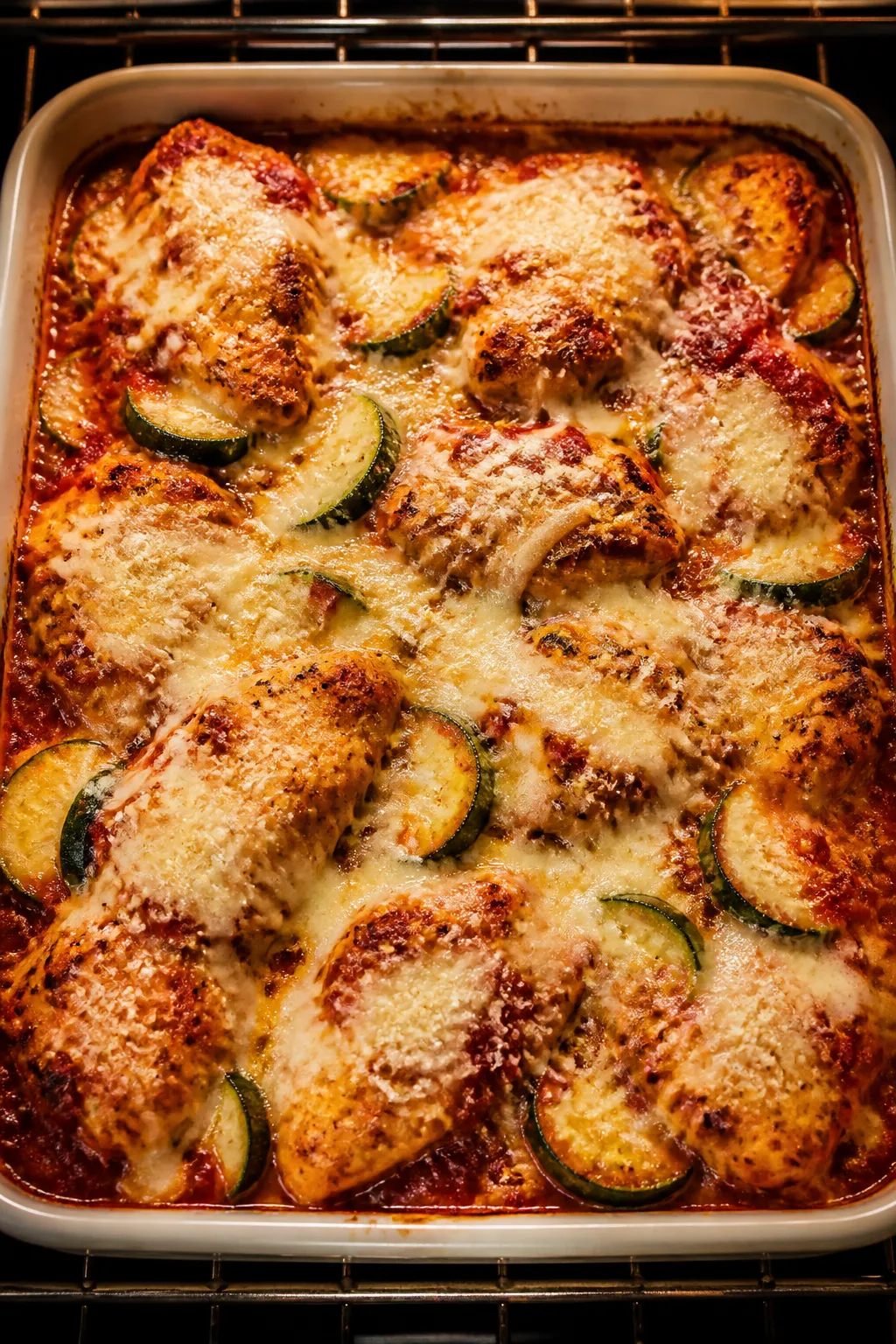 Cooking process: Uncovered Chicken Mozzarella Zucchini Bake mid-bake in the oven, the second layer o