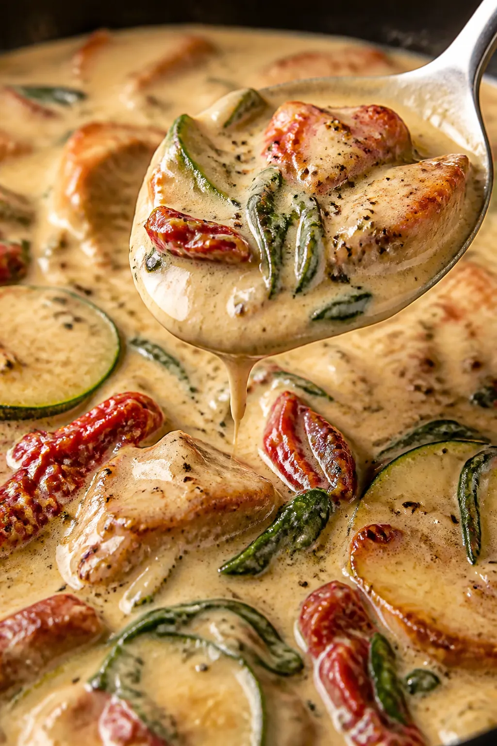 Creamy sauce close-up detail: Ultra close-up of the velvety Tuscan cream sauce coating chicken and z