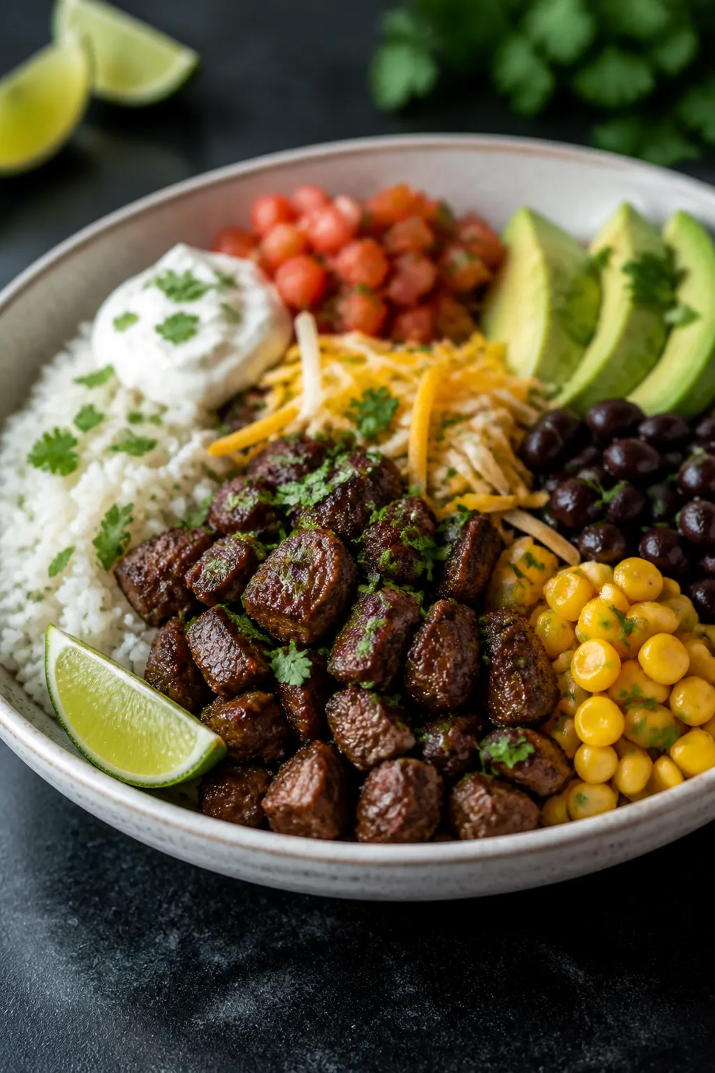 Final dish beauty â Restaurant-quality plated bowl, close-up detail: Three-quarter angle hero shot