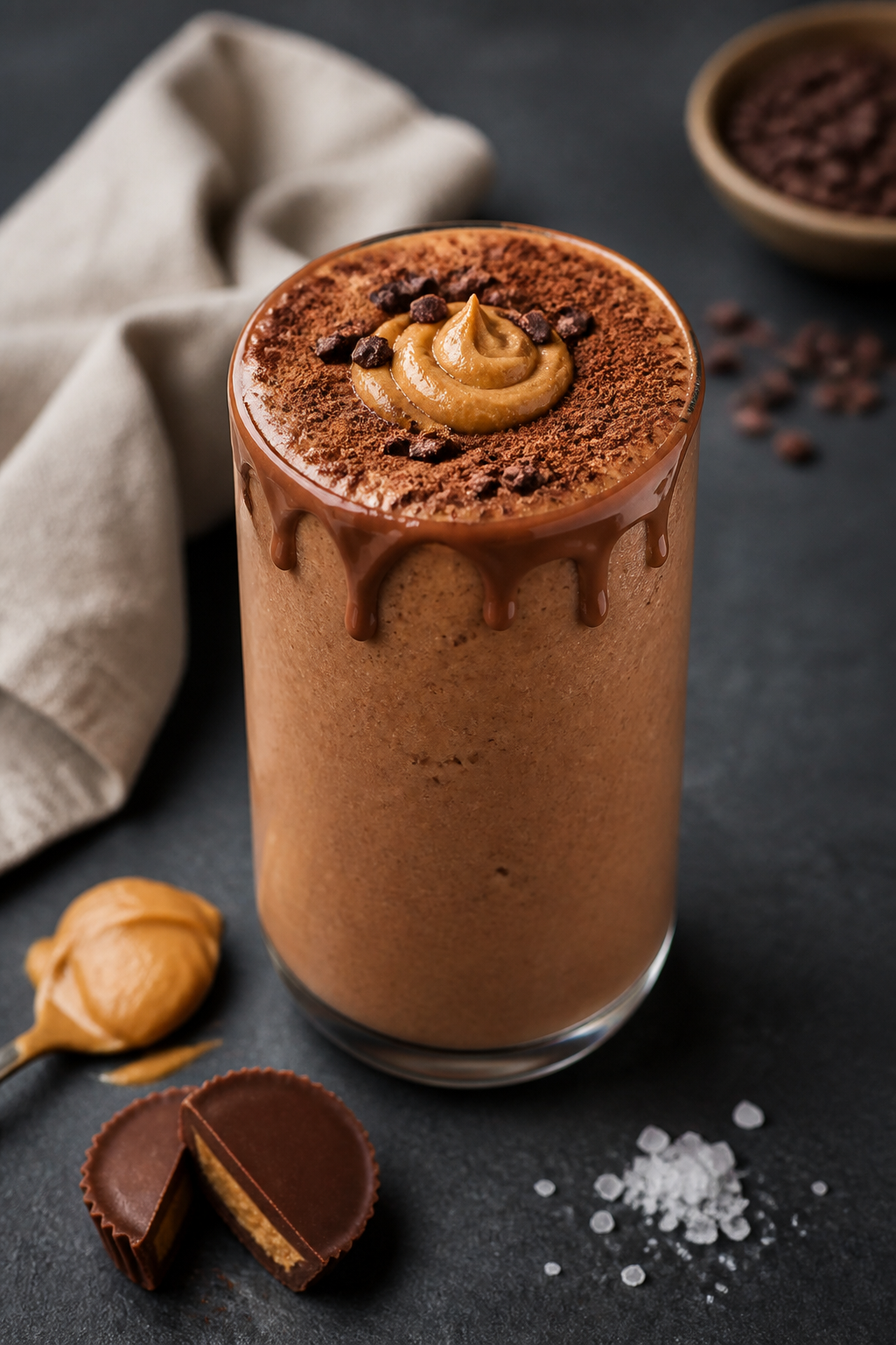 Final dish beauty shot: CafĂŠ-style peanut butter cup high protein smoothie poured into a chilled gl