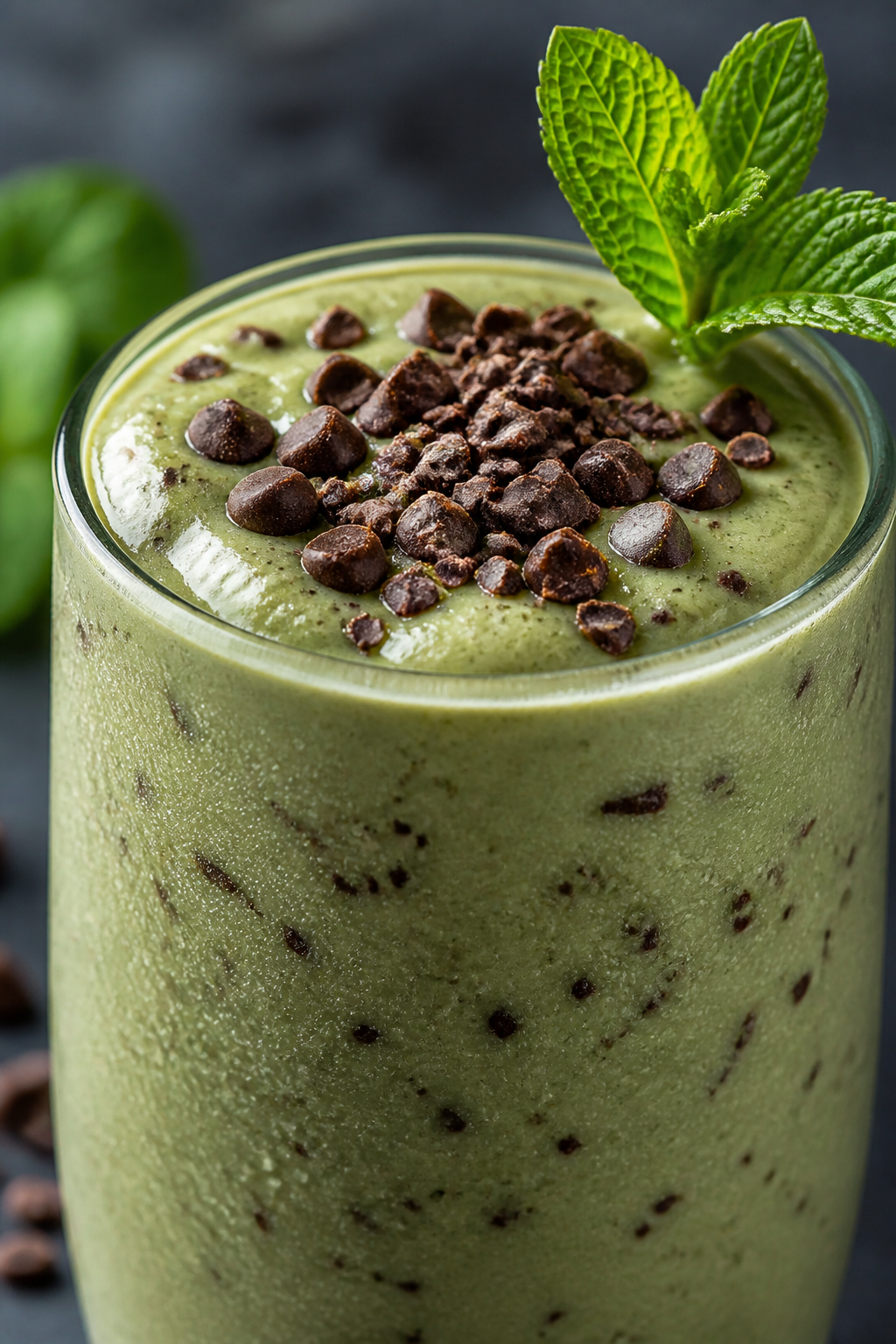 Final dish close-up detail: Extreme close-up of a thick, frosty mint chocolate chip protein smoothie