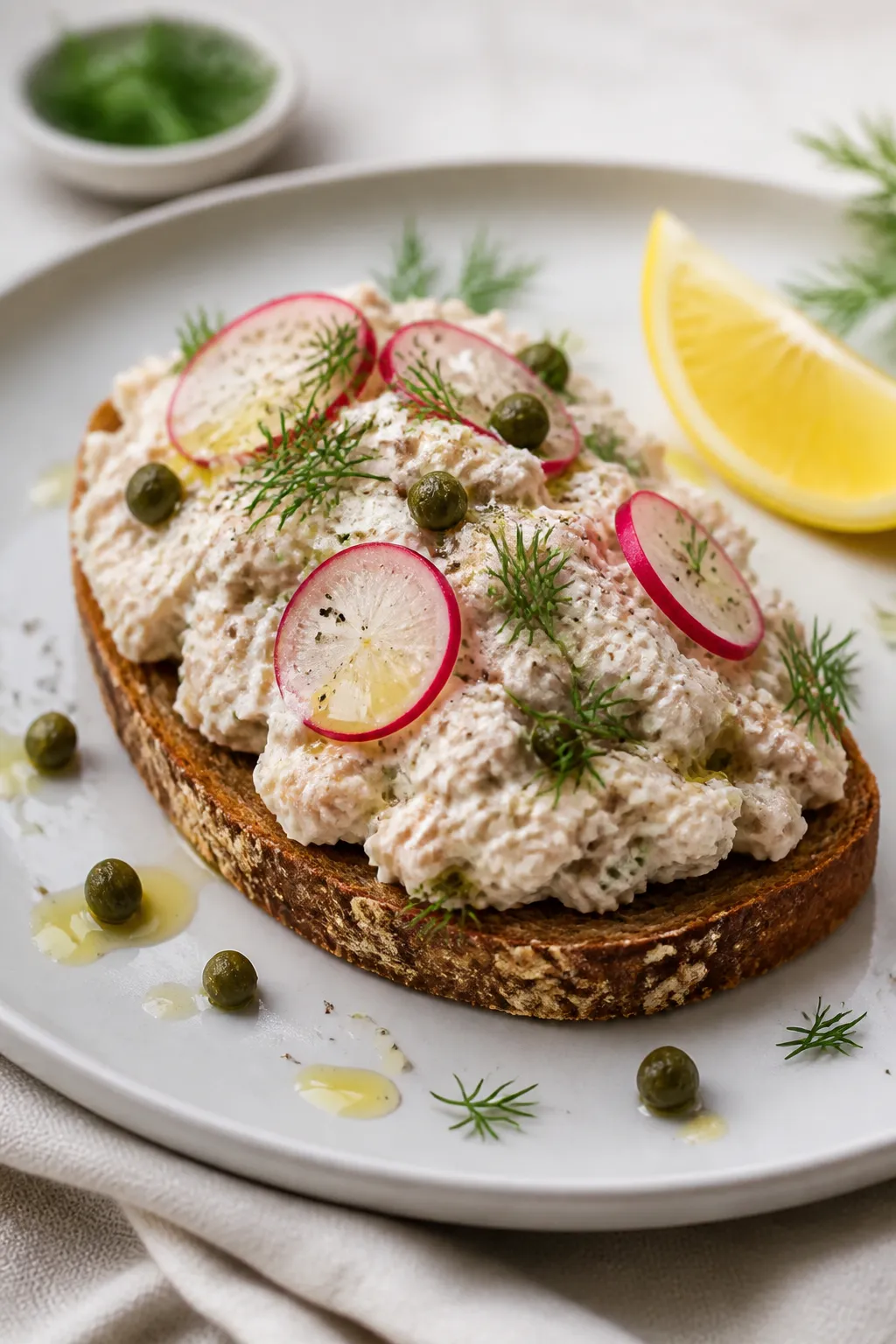 Final dish — Deli-style open-faced toast: beautifully plated slice of toasted whole-grain bread pi