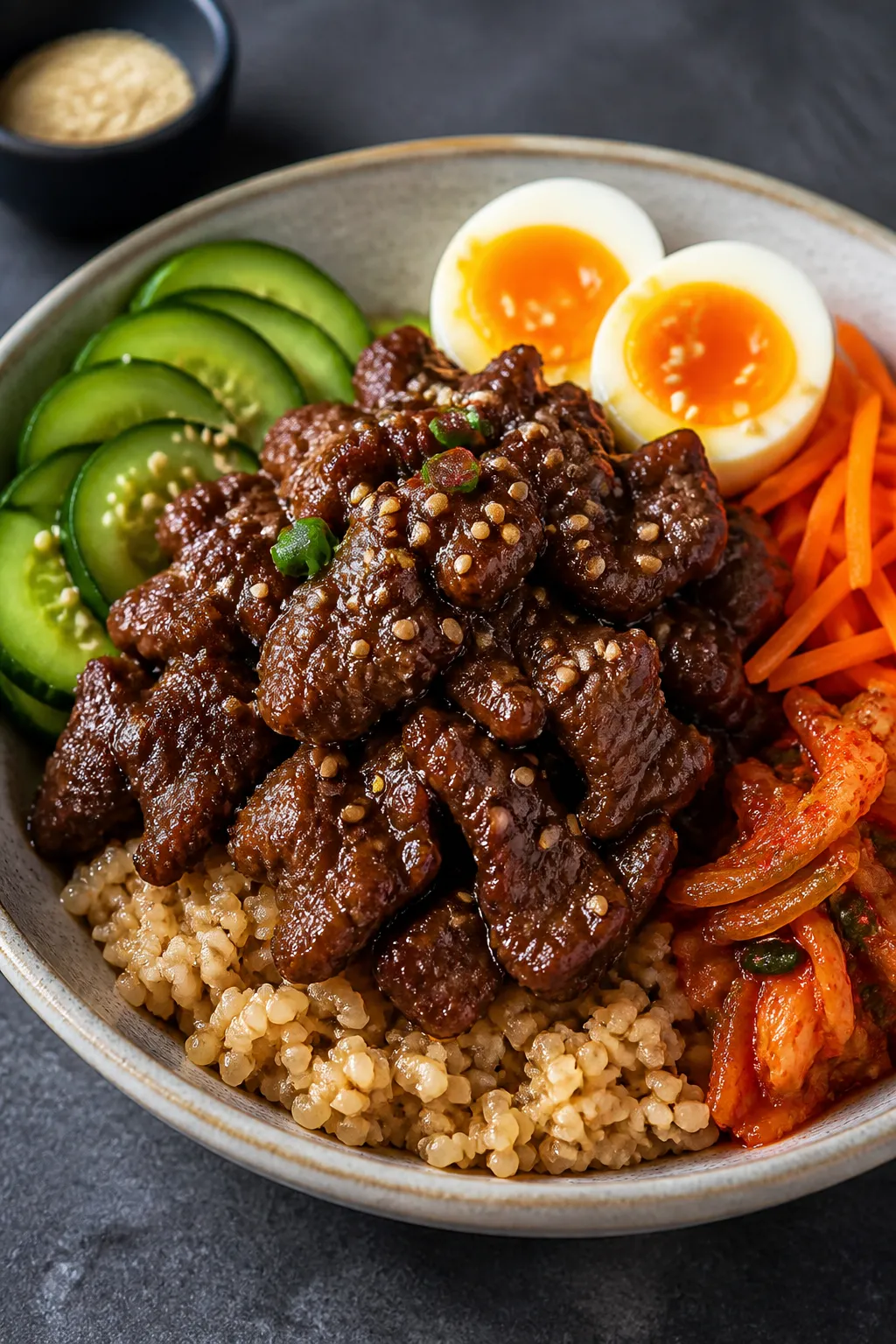 Final dish hero: Restaurant-quality presentation of Korean Beef Rice Bowl in a wide, shallow ceramic
