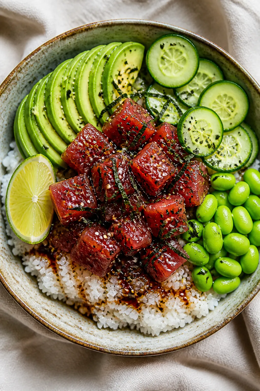 Final dish hero: Restaurant-quality tuna poke bowl fully plated—mound of sushi rice topped with a