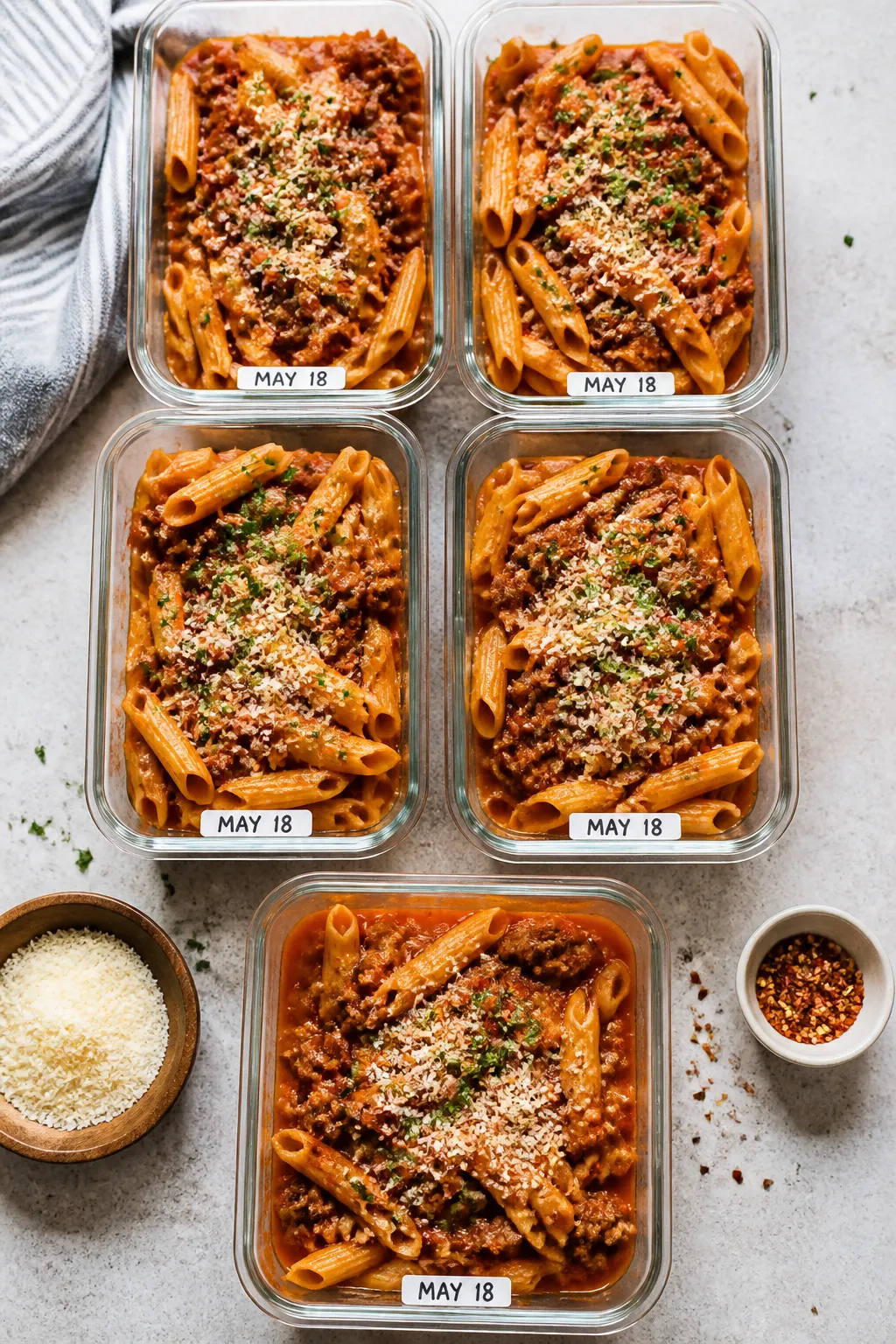 Final dish meal prep: Tasty of 5 neatly portioned glass containers filled with high-protein penne in