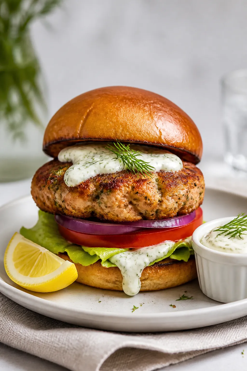 Final dish plated: Crispy air fryer tuna burger stacked on a lightly toasted brioche bun with lemon-