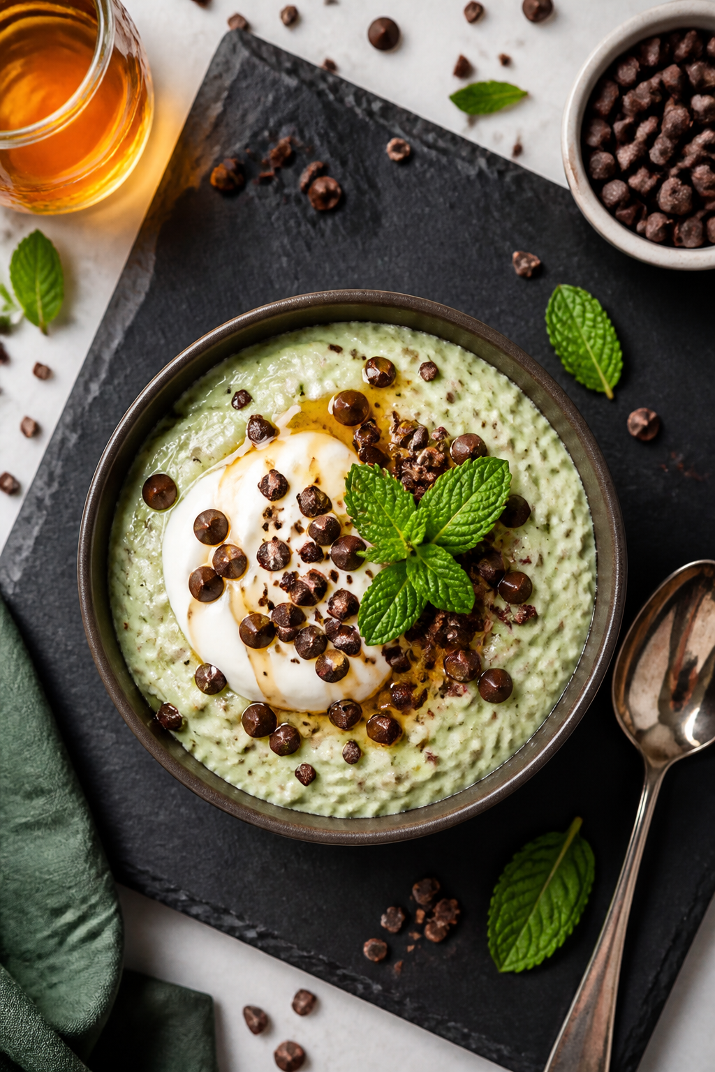 Final dish presentation: Beautifully plated breakfast scene with a small bowl of mint chocolate chip