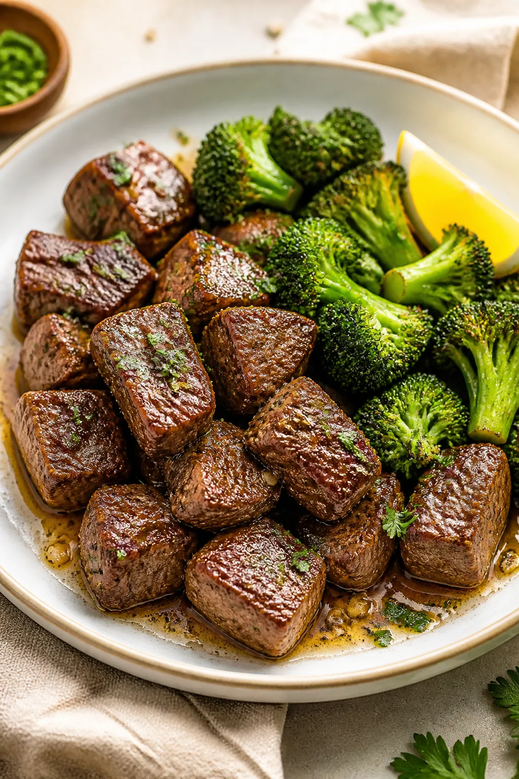 Final dish presentation: Beautifully plated Garlic Butter Steak Bites and Broccoli on a warm, shallo