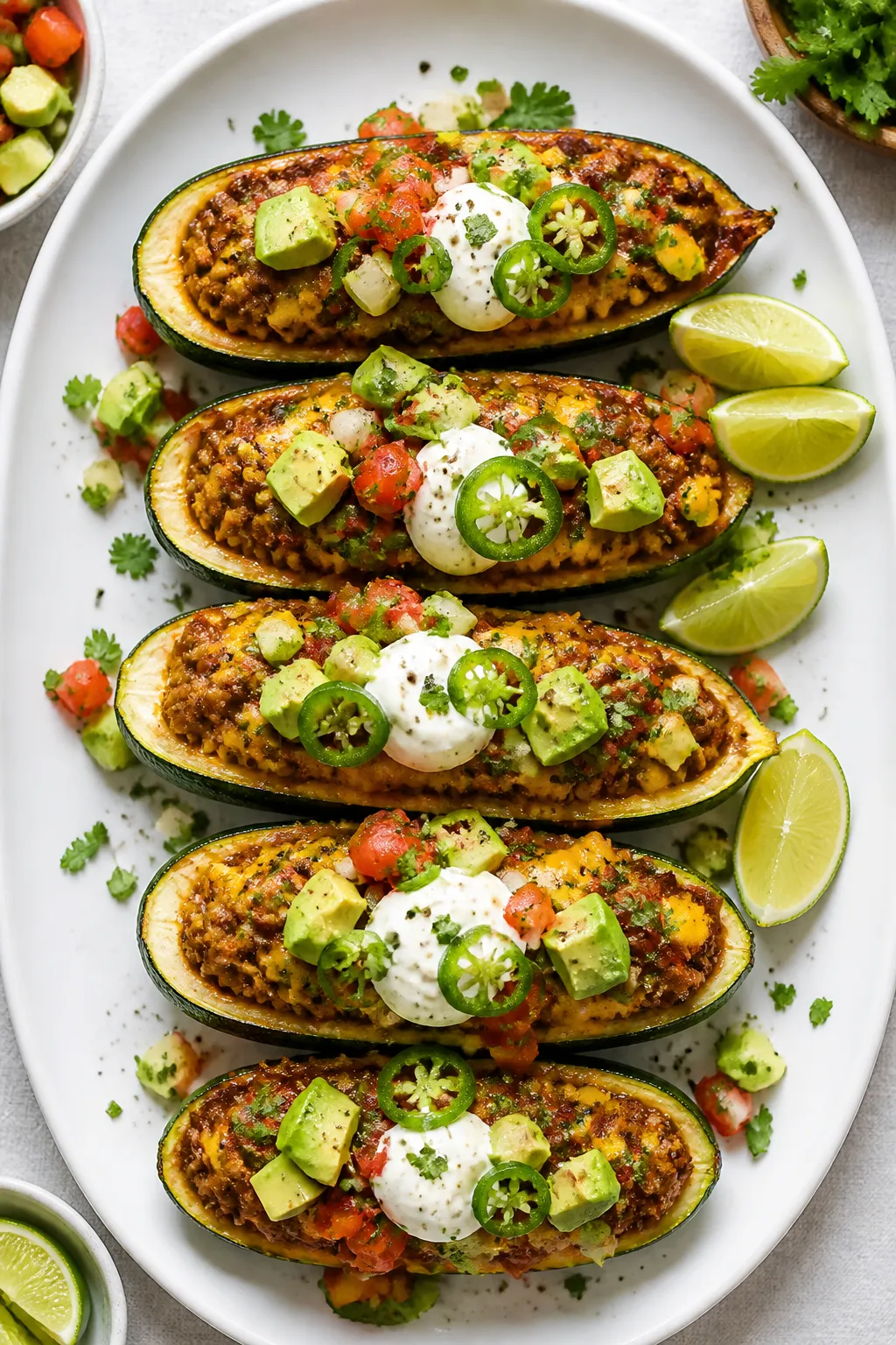 Final dish presentation: Beautifully plated High Protein Zucchini Taco Boats on a matte white oval p