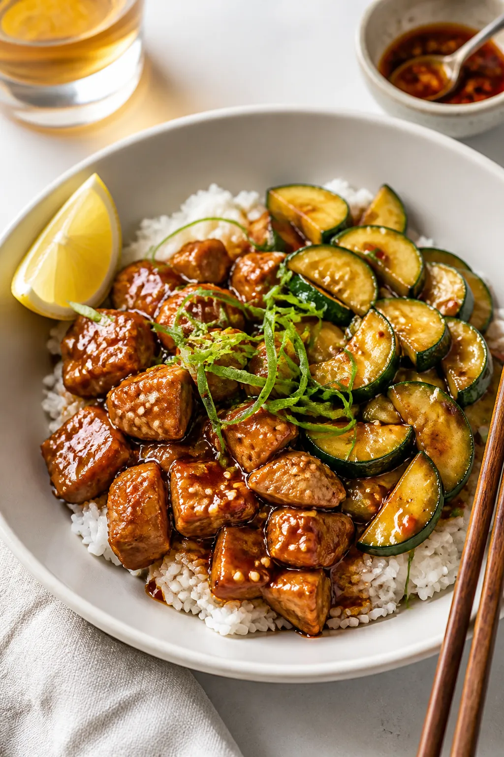 Final dish presentation: Beautifully plated Honey Garlic Chicken Zucchini Bowl over fluffy white ric
