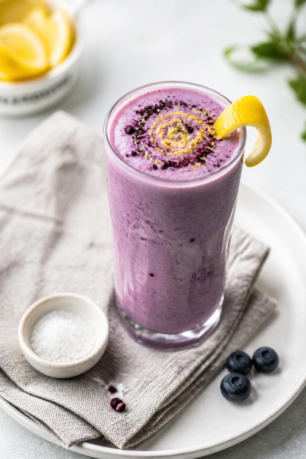 Final dish presentation: Beautifully poured Lemon Blueberry Protein Smoothie in a chilled clear glas