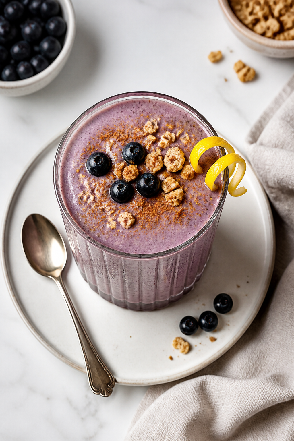 Final dish presentation: Beautifully styled Blueberry Muffin Protein Smoothie served in a clear, rib