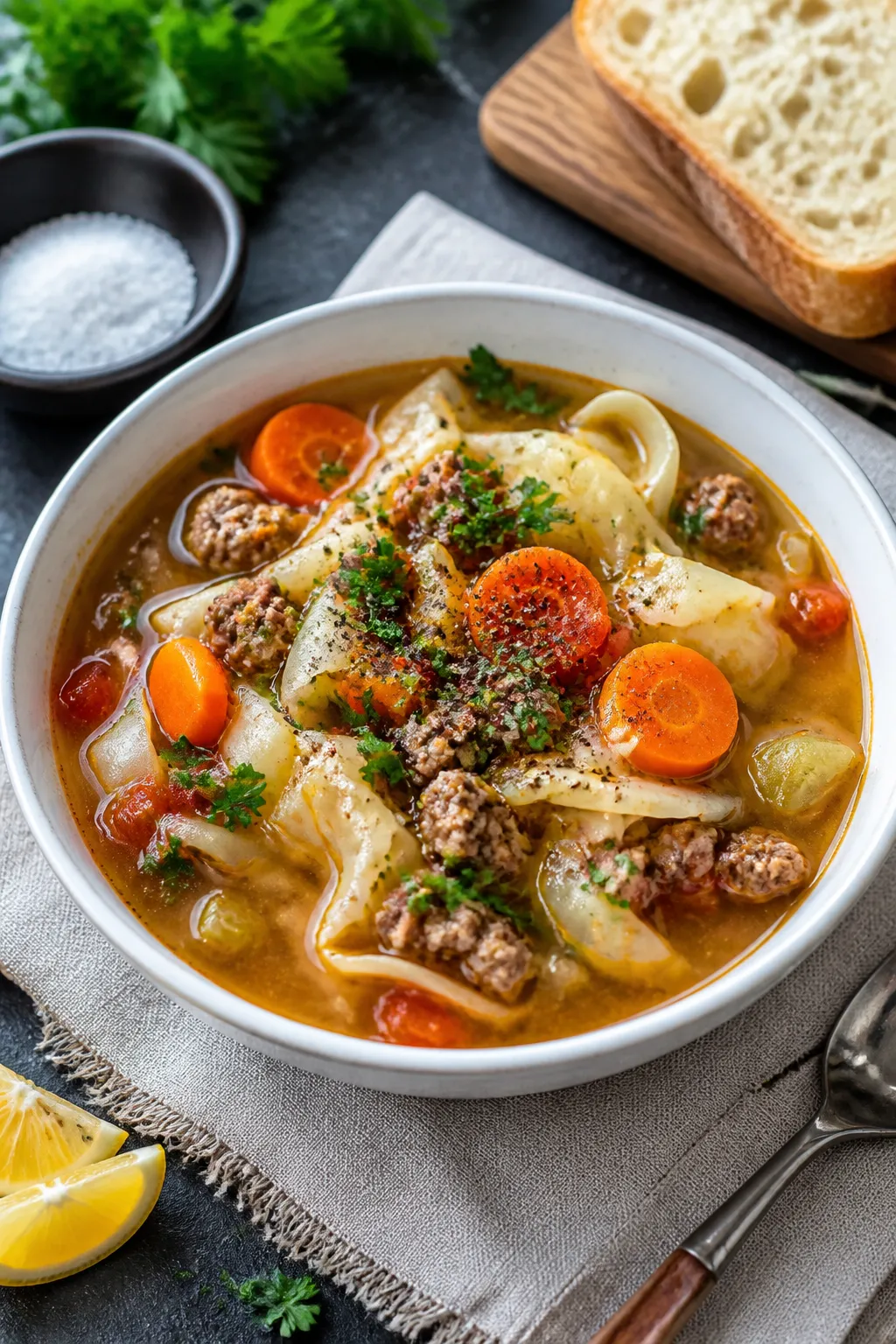 Final dish presentation — Hearty bowl ready to serve: Beauty shot of High Protein Cabbage Beef Sou