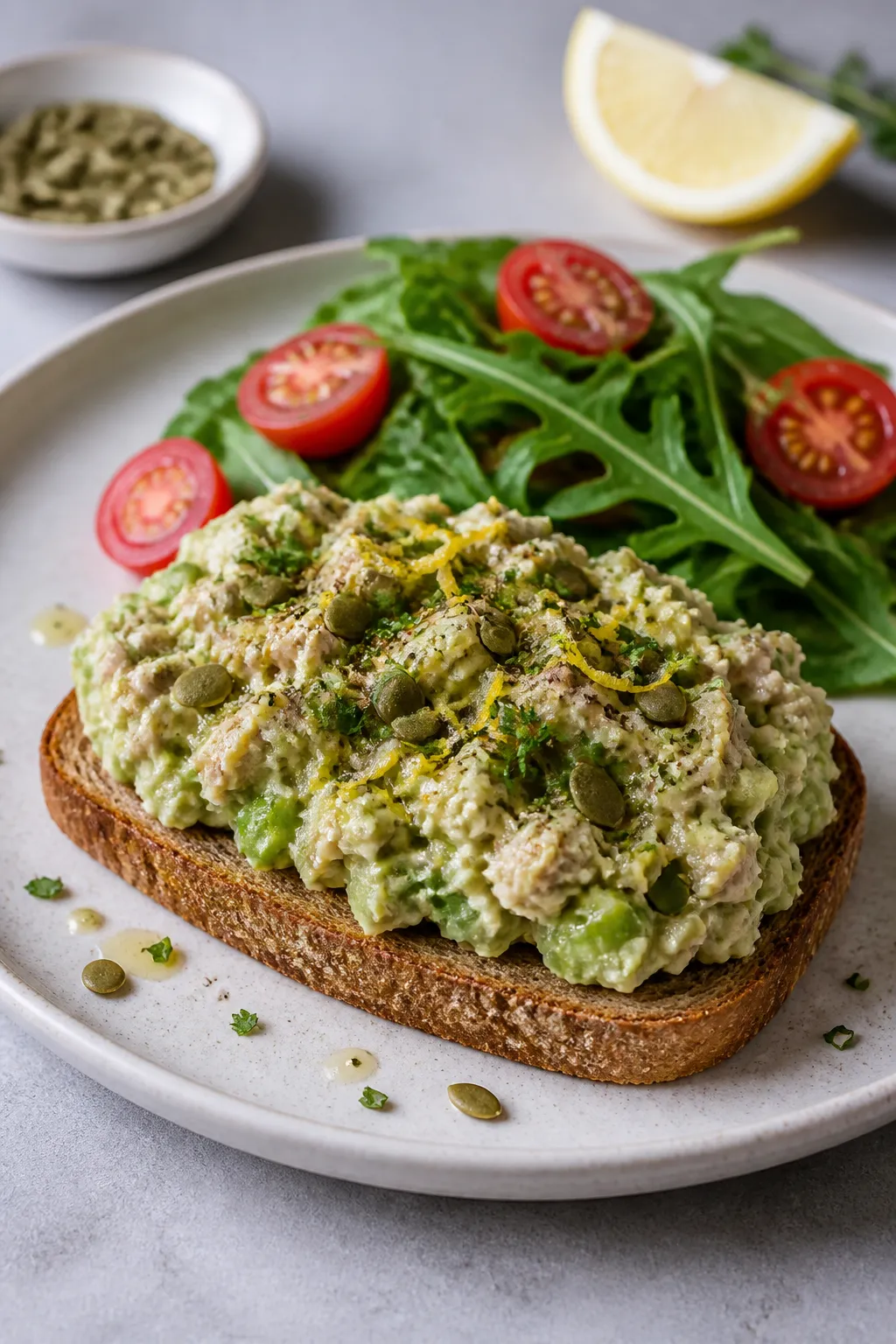 Final dish presentation: open-faced whole-grain toast generously topped with the Avocado Tuna Protei