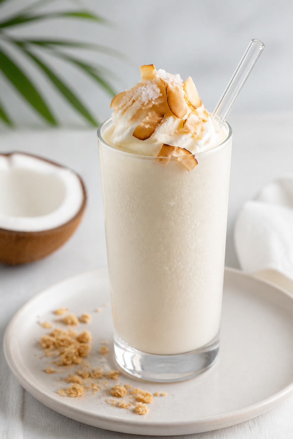 Final dish presentation: Restaurant-quality hero shot of the shake styled for serving—smooth, pale