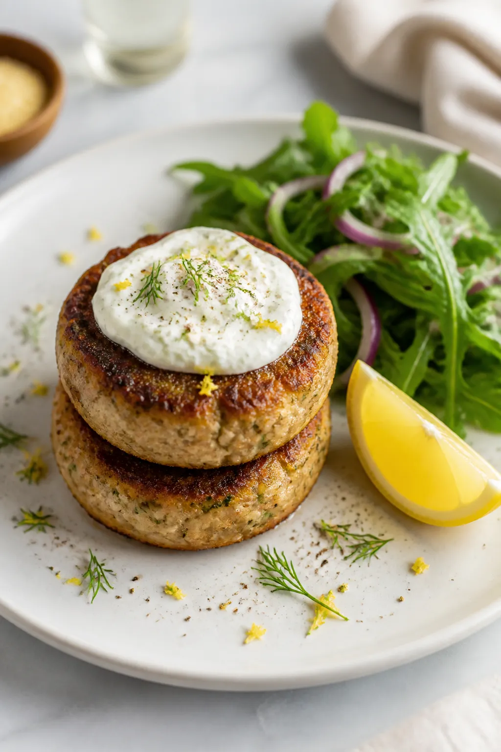 Final dish presentation: Restaurant-quality plate of high-protein tuna cakes stacked two-high on a m