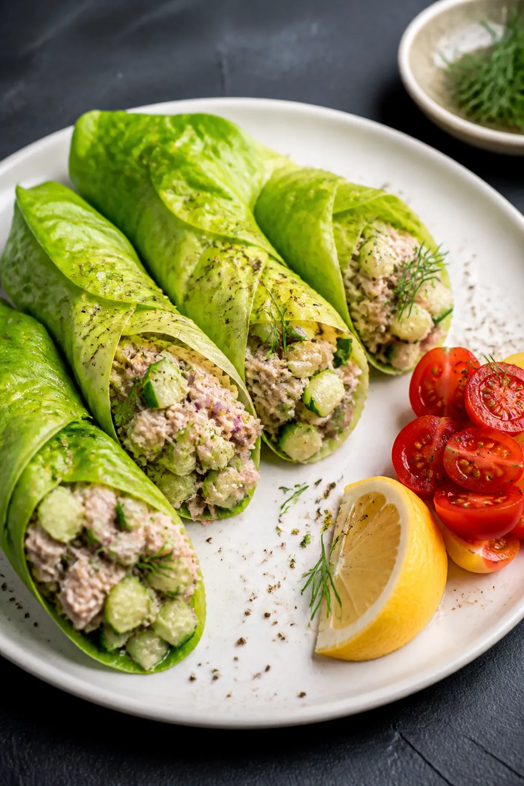 Final dish presentation: Restaurant-quality plate of neatly rolled butter lettuce wraps arranged in 