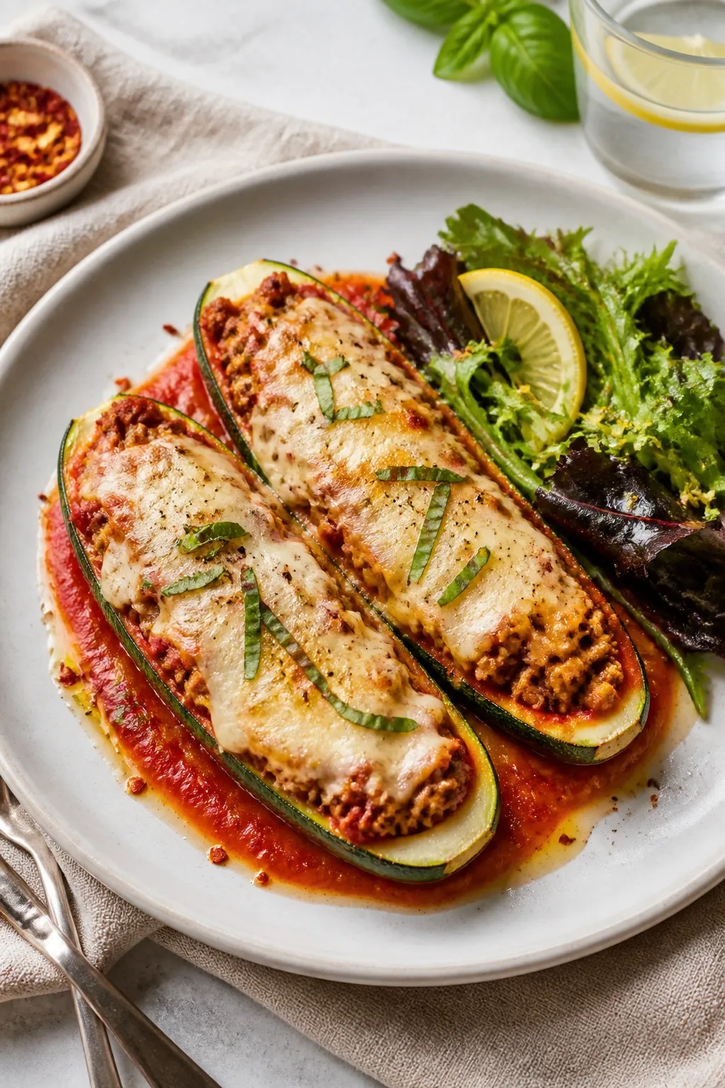 Final dish presentation: Restaurant-quality plate of two cheesy ground turkey zucchini boats on a wi