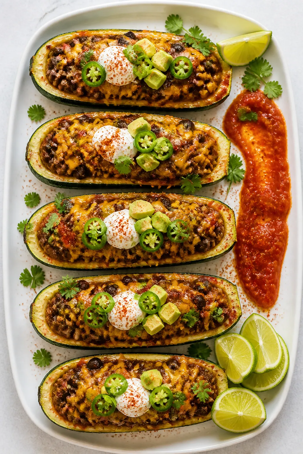 Final dish presentation: Restaurant-quality plate of Ground Beef Burrito Zucchini Bowls arranged on 