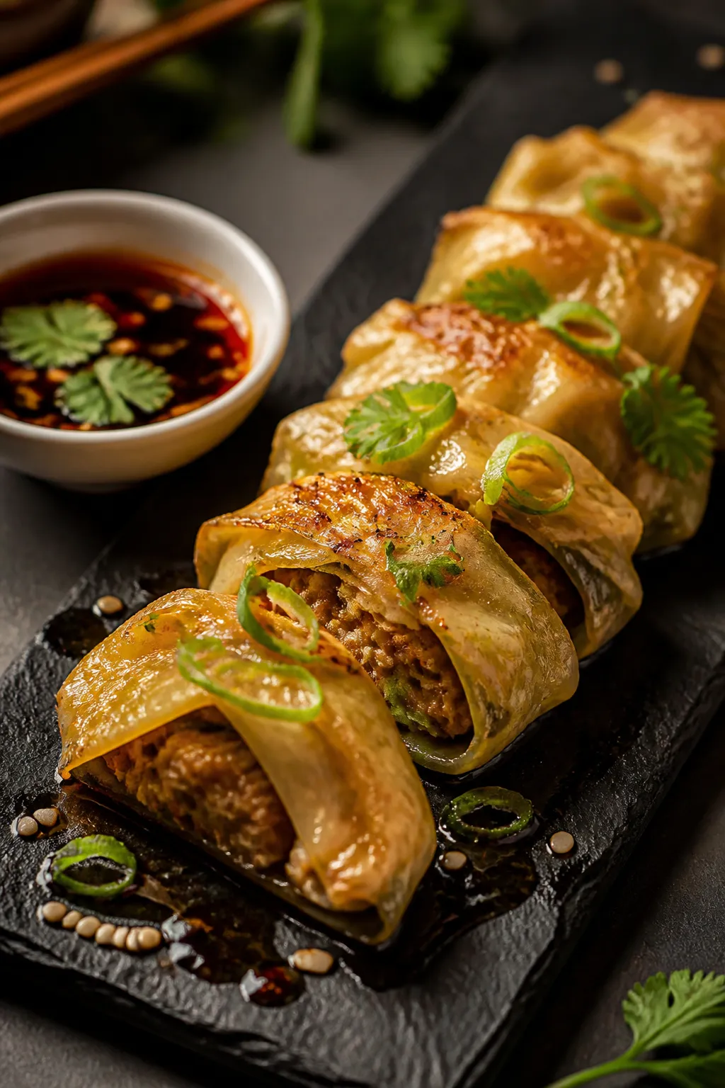 Final dish presentation: Restaurant-quality plate of baked cabbage dumplings finished with a quick a