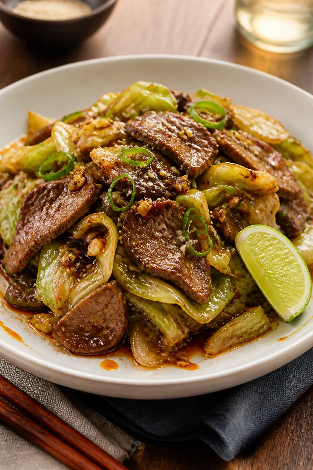 Final dish presentation: Restaurant-quality plate of the stir fry mounded high in a shallow white bo