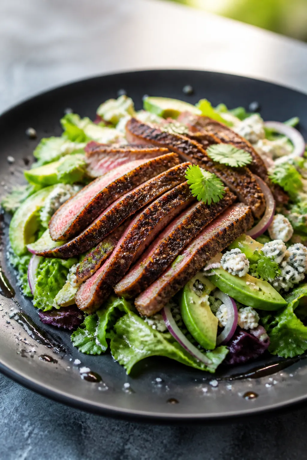Final dish presentation: Restaurant-quality plated Blackened Steak Salad on a matte black plateâth