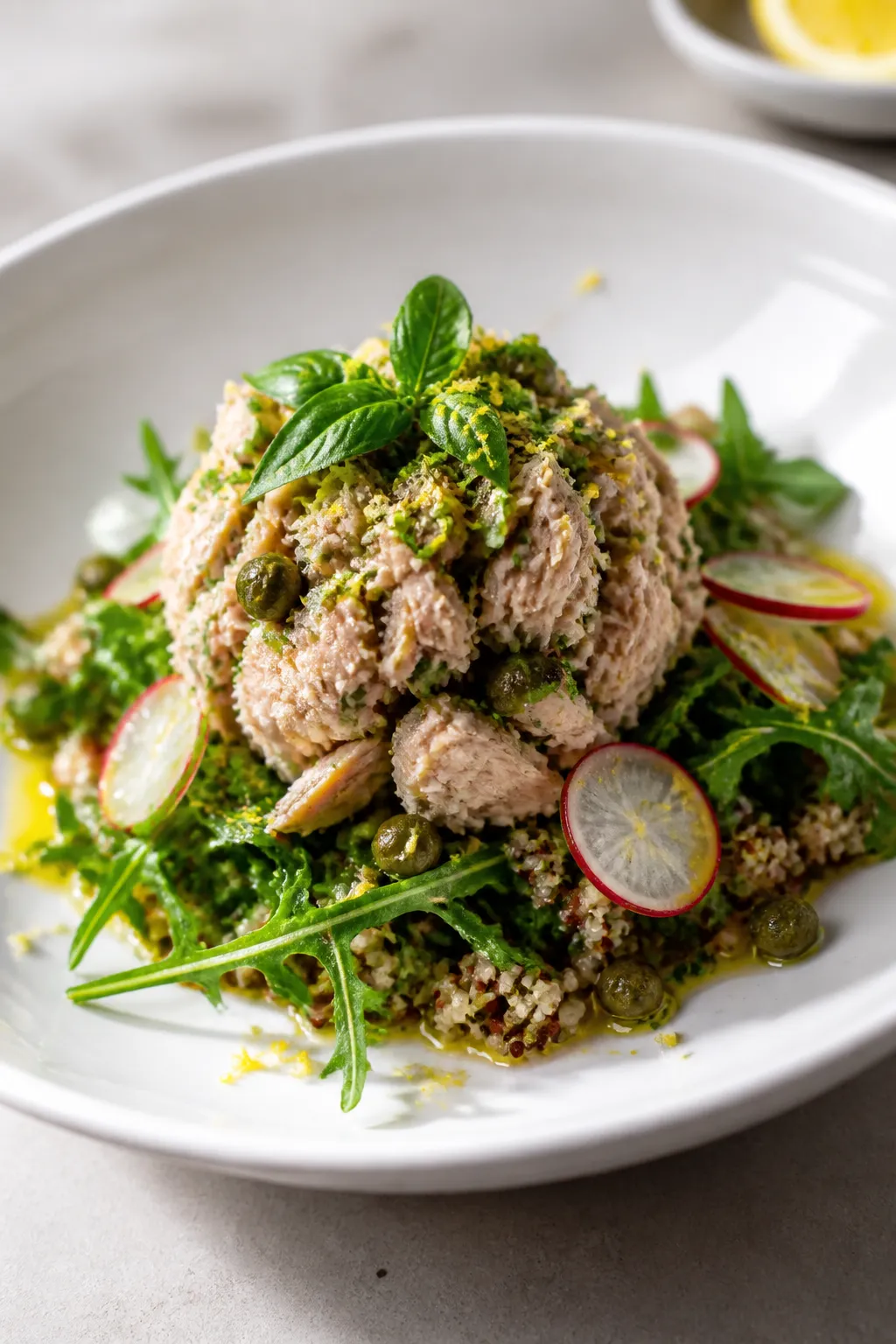 Final dish presentation: Restaurant-quality plated Lemon Herb Tuna Salad mound over peppery arugula 
