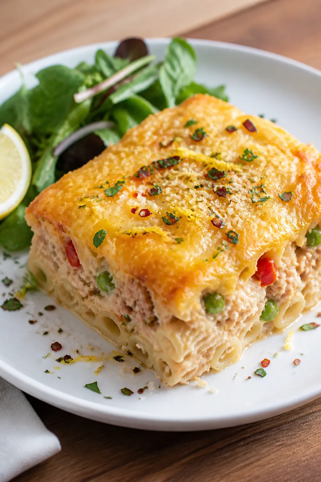 Final dish presentation: Restaurant-quality plated slice of High Protein Tuna Pasta Bake on a wide, 