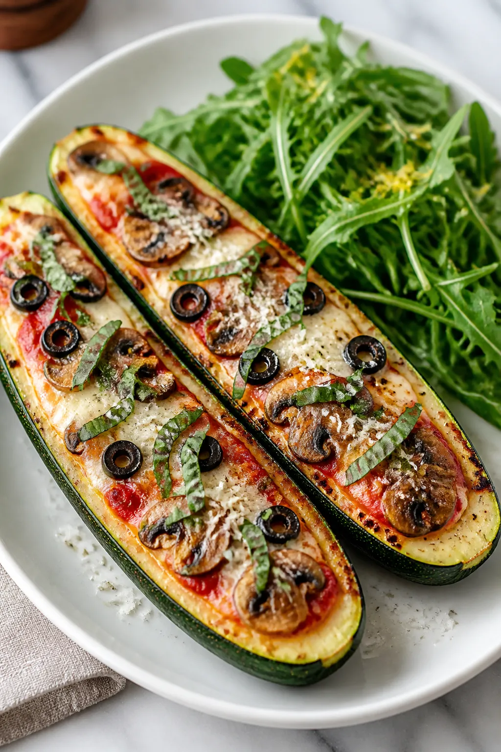 Final dish presentation: Restaurant-quality plating of High Protein Zucchini Pizza Boats on a matte