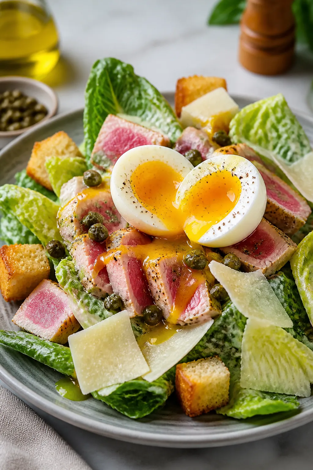 Final dish presentation: Restaurant-quality plating of Tuna Caesar with a jammy 7-minute egg halved 