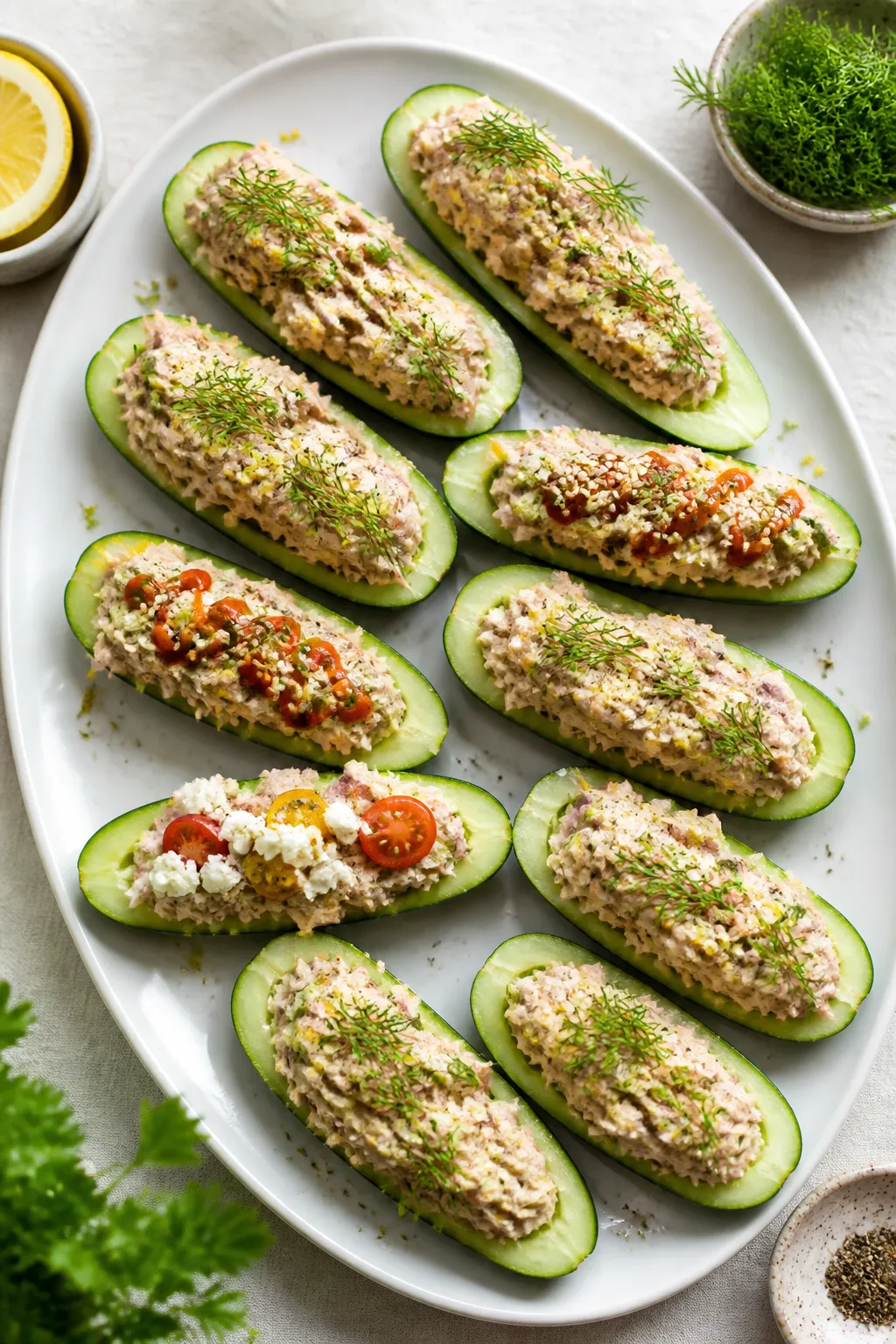 Final dish presentation: Restaurant-quality platter of Tuna Cucumber Boats arranged in a staggered p