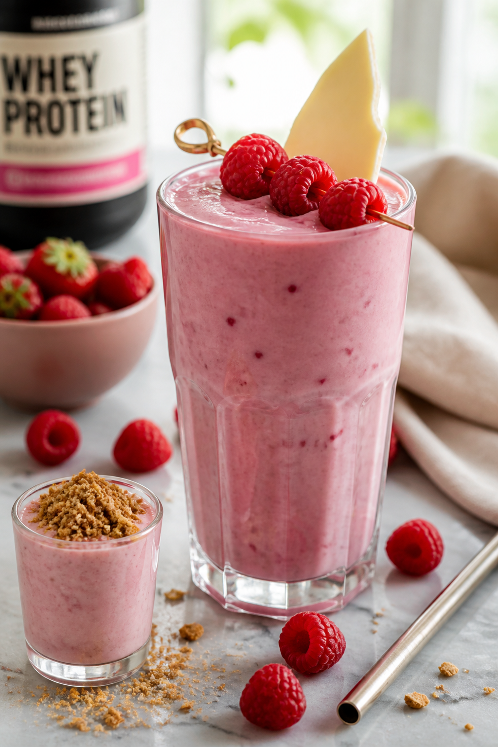 Final dish presentation: Restaurant-quality scene of the shake served extra-thick in a tall, clear t