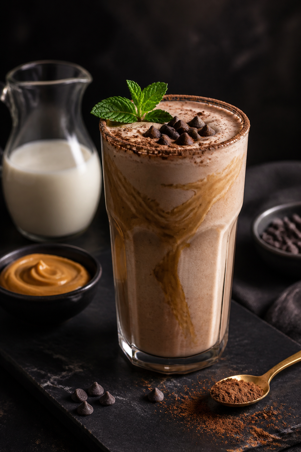 Final dish presentation: Restaurant-quality scene with the shake served in a tall, clear tumbler, th