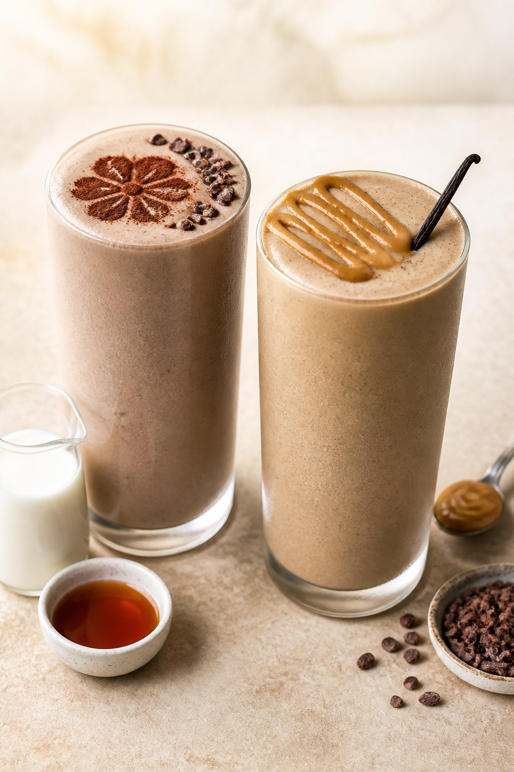 Final dish presentation: Restaurant-quality setup featuring two frosty smoothies side-by-side in tal