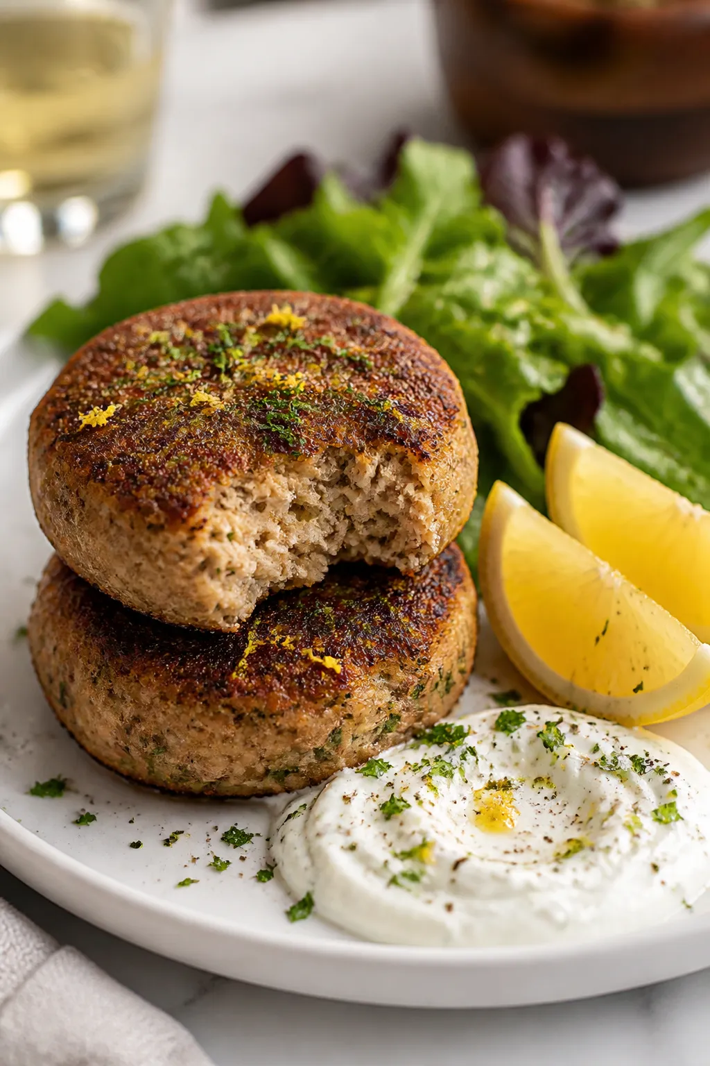 Final dish presentation: Two Garlic Parmesan tuna patties stacked on a simple white ceramic plate wi