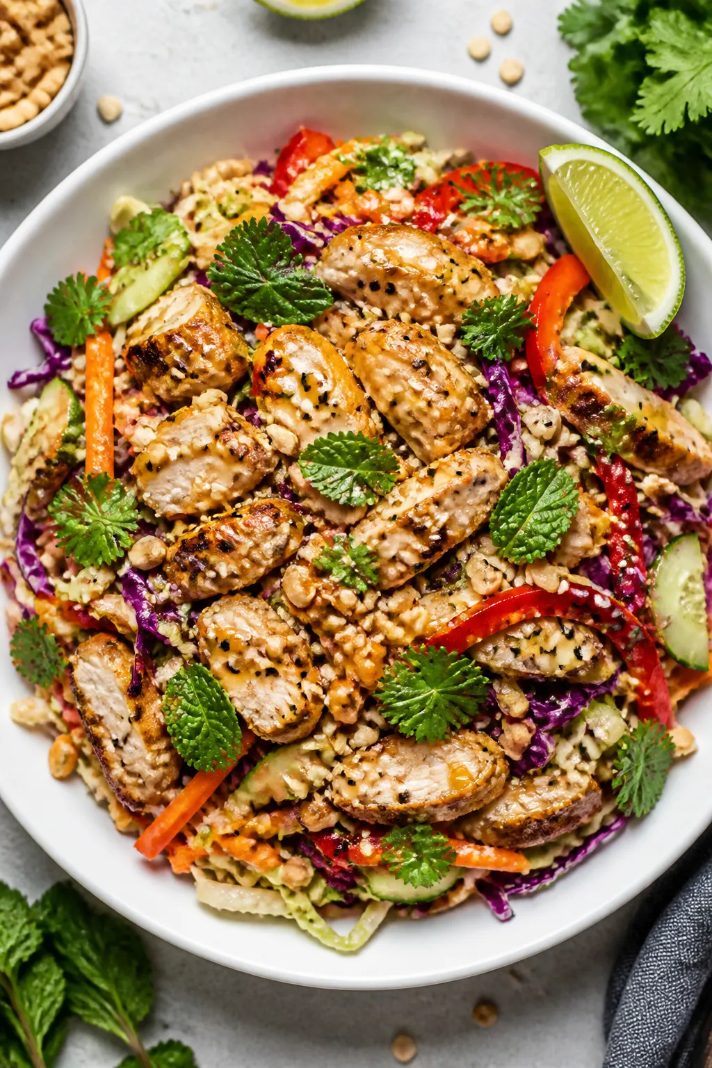 Final dish, tasty top view: Overhead shot of the finished Asian Chicken Cabbage Crunch Salad neatly