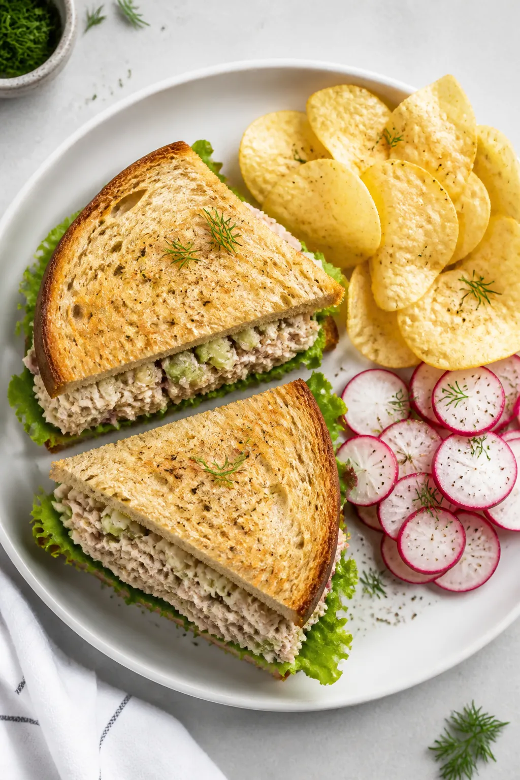 Final dish, tasty top view: Overhead shot of two neatly halved protein-packed tuna sandwiches on a m