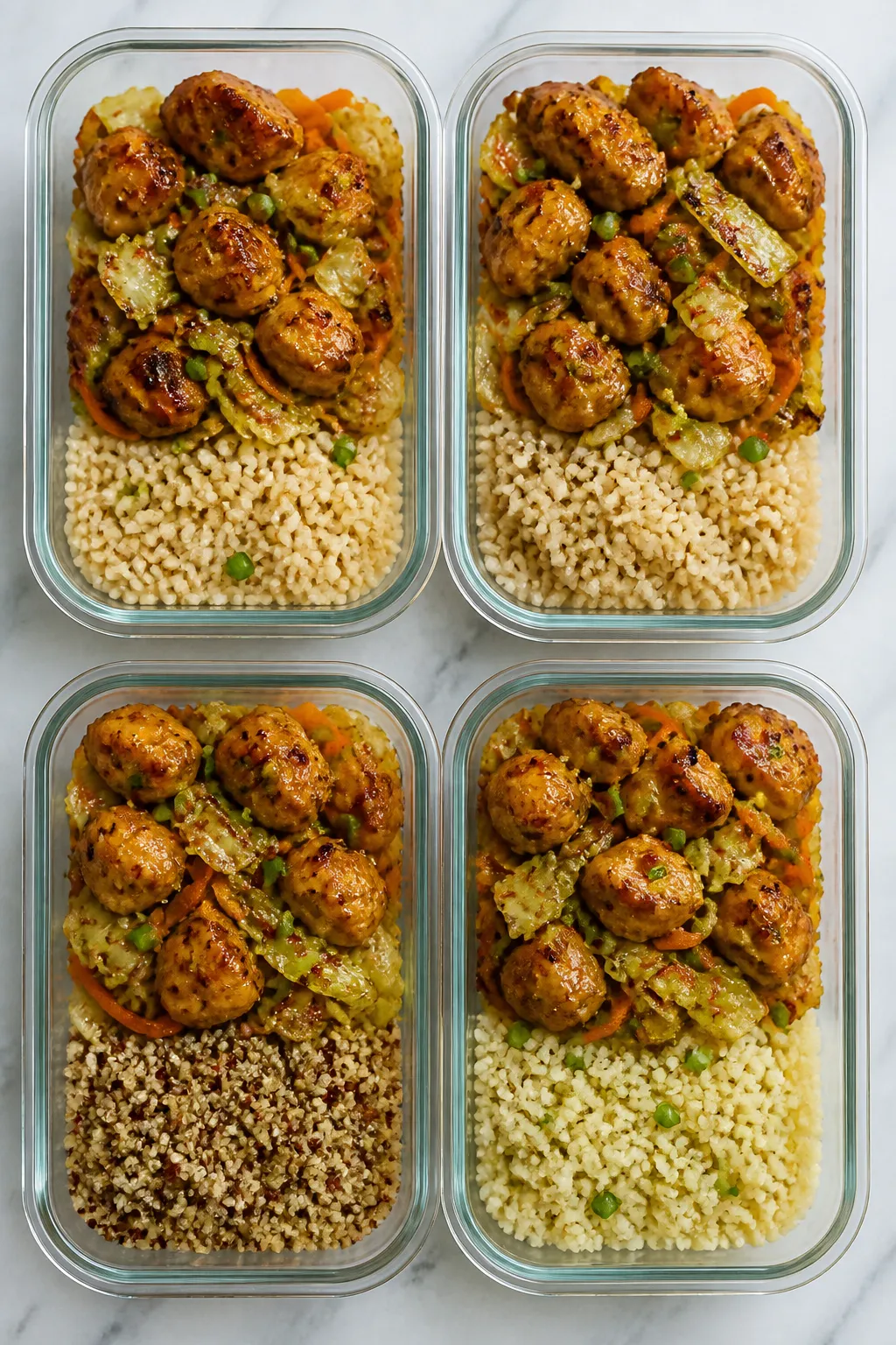 Final meal prep presentation: Neat array of four rectangular glass containers filled with the finish