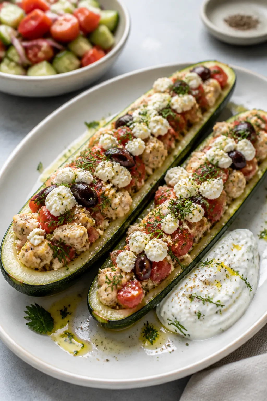 Final plated, : Beautifully plated Greek Chicken Stuffed Zucchini on a white ceramic oval plate—tw