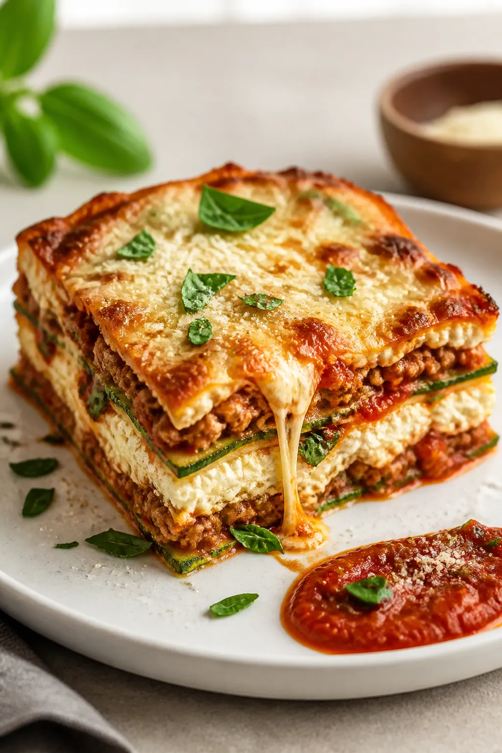 Final plated beauty: A clean, square slice of high-protein zucchini lasagna on a white ceramic plate
