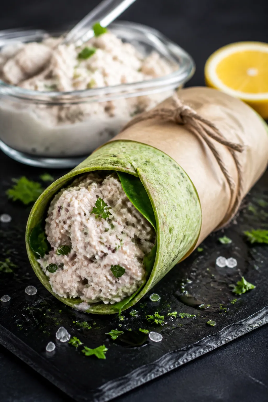 Final plated beauty: Restaurant-quality presentation of a single Tuna Cottage Cheese Wrap tightly ro