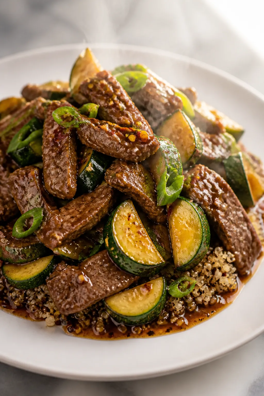 Final plated beauty: Restaurant-quality presentation of High Protein Beef Zucchini Stir Fry on a whi