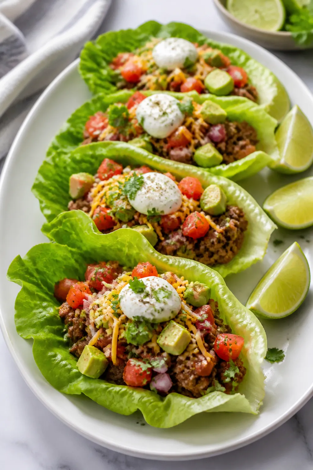 Final plated beauty shot: Beef Taco Lettuce Wraps arranged on a matte white oval platter—butter le