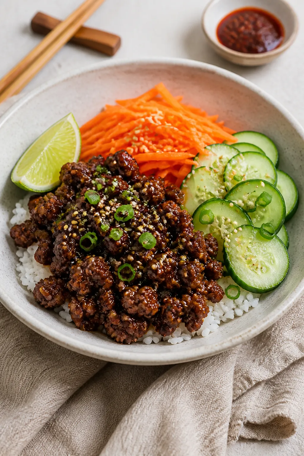 Final plated bowl, : Beautifully plated Sweet and Spicy Ground Beef Bowl over fluffy jasmine rice in