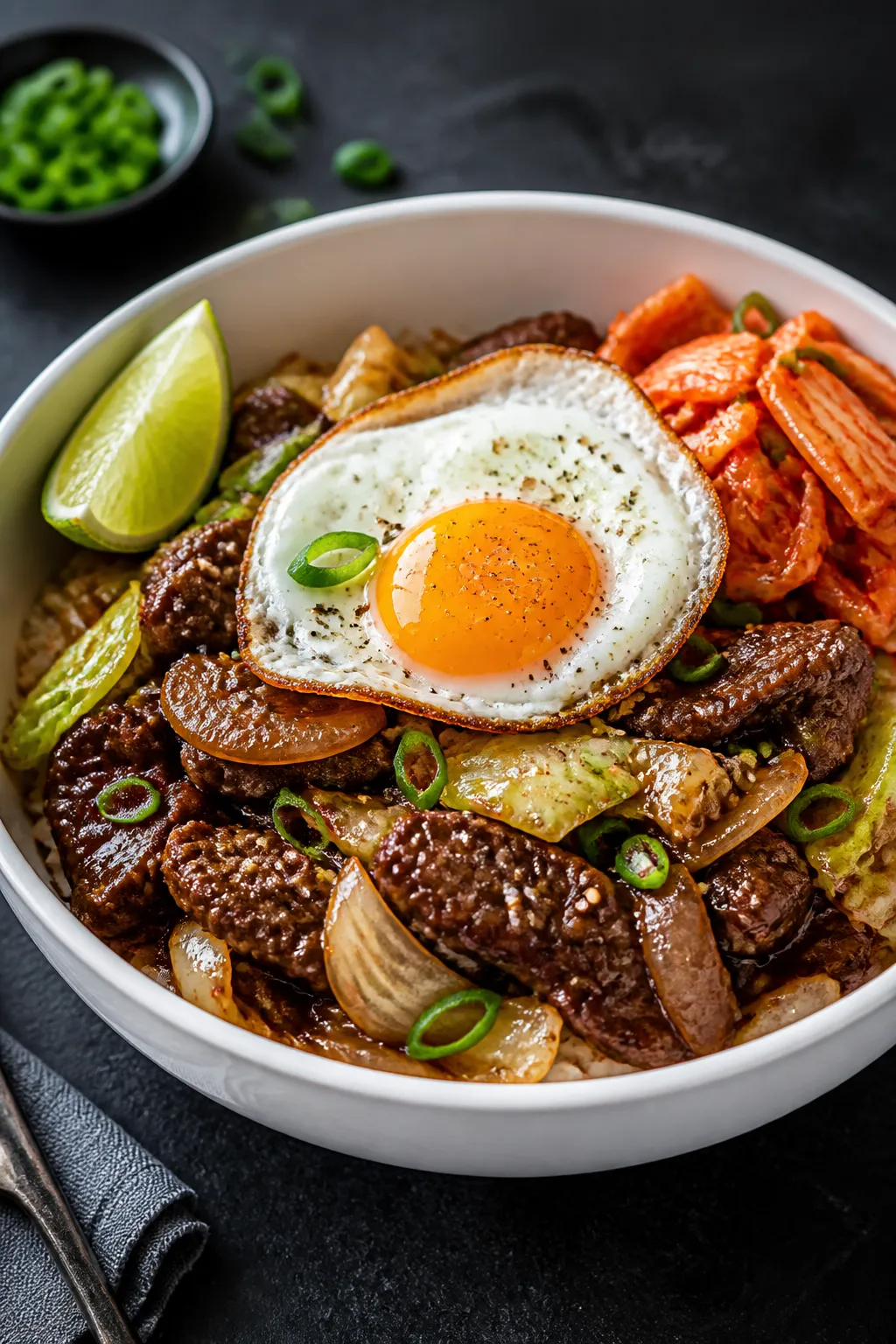 Final plated bowl beauty: Korean Beef Cabbage Bowl artfully arranged in a matte white wide bowl—sa