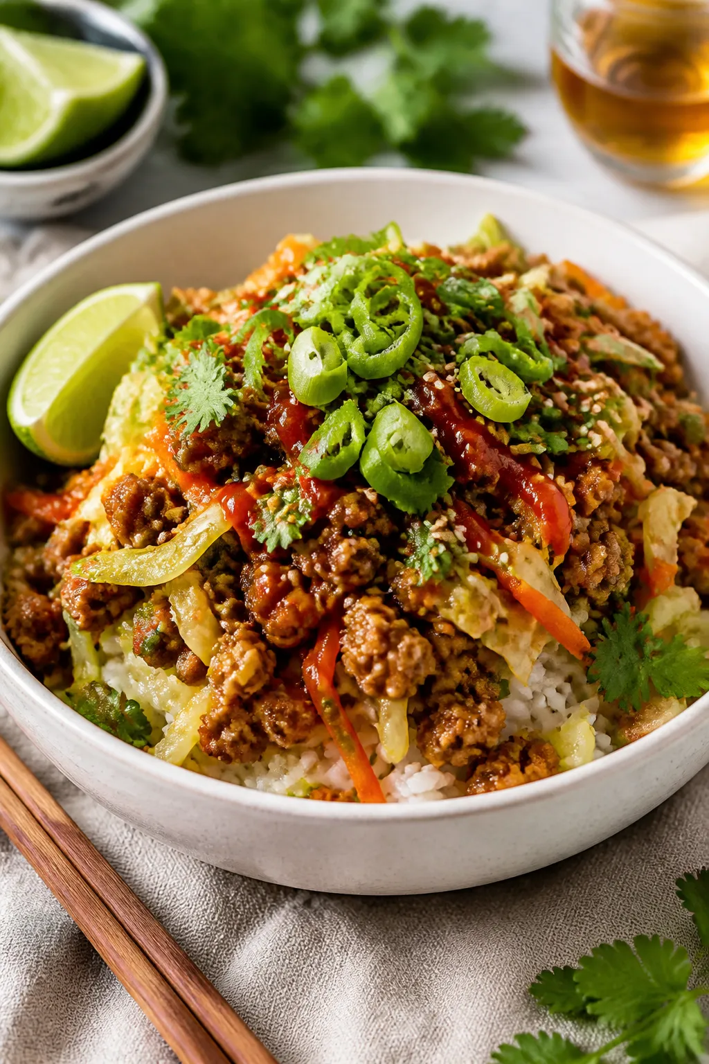 Final plated bowl beauty: Restaurant-quality presentation of Ground Beef Egg Roll in a Bowl served o