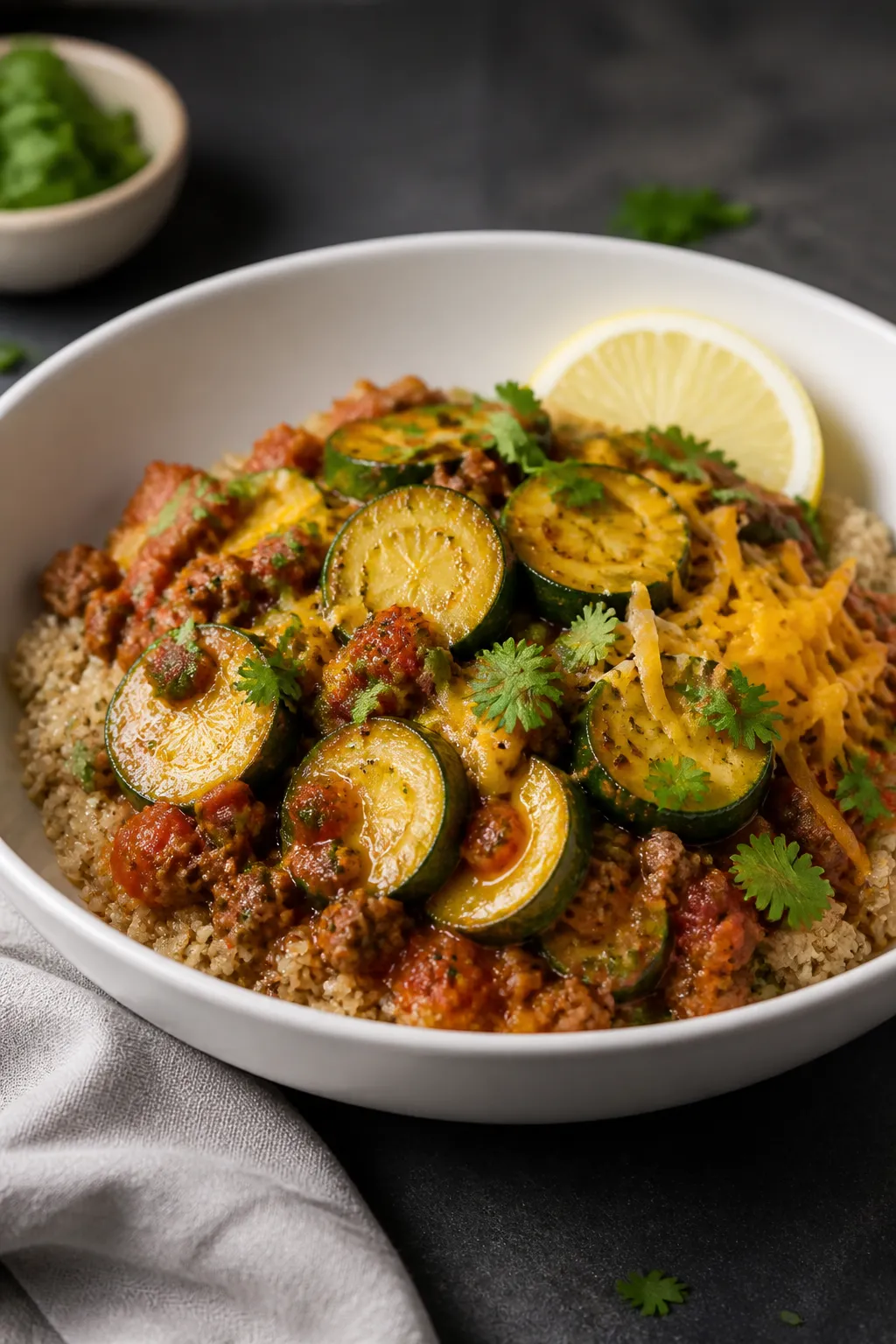 Final plated bowl beauty shot: Restaurant-quality presentation of a Ground Beef and Zucchini Bowl in