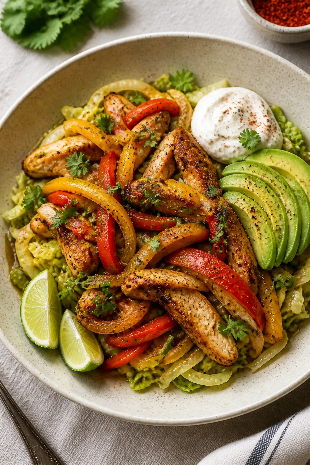 Final plated bowl, hero shot: Beautifully plated Chicken Fajita Cabbage Bowl in a wide, shallow cera