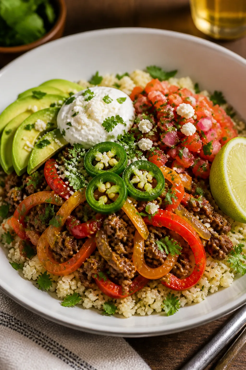 Final plated bowl, restaurant-quality presentation: Beautifully assembled high protein ground beef f
